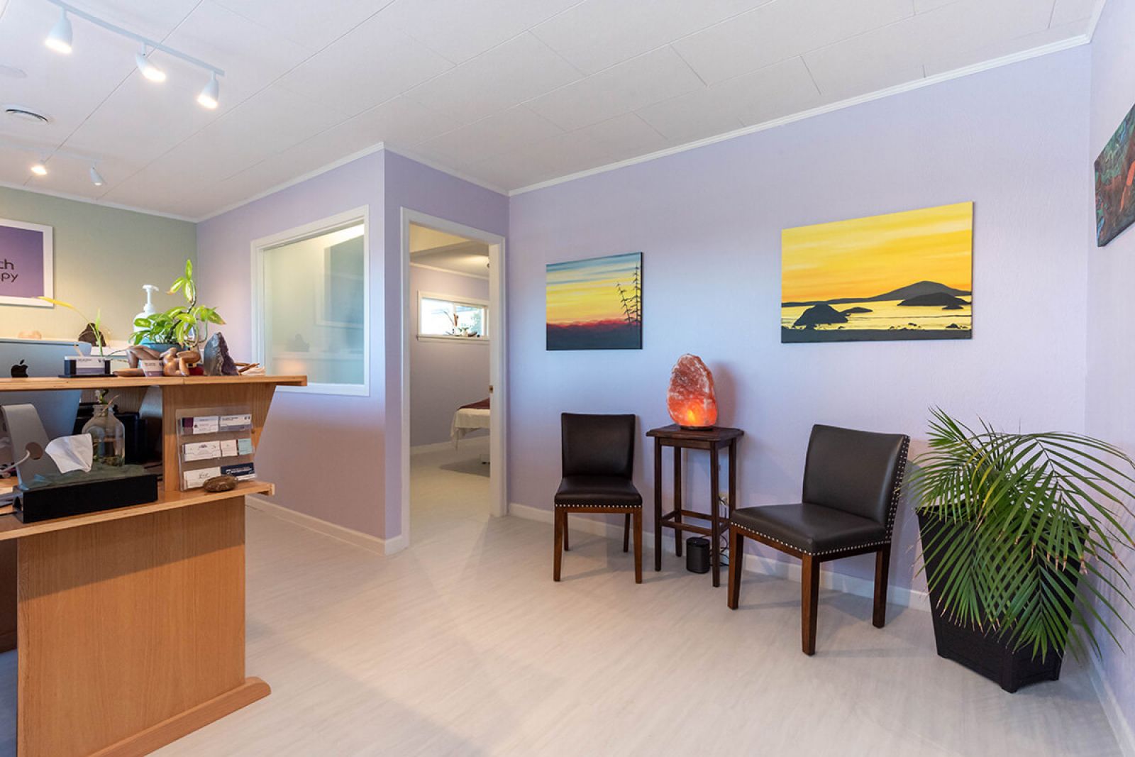 Interior view of reception area facing into treatment room 1